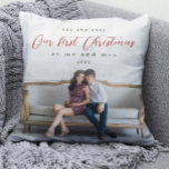 Our First Christmas as Mr and Mrs Photo Throw Pillow<br><div class="desc">This customizable holiday pillow features "our first Christmas as mr and mrs" typography with pretty red script. The couple's names and year are included,  along with a personalized photo! A beautiful holiday gift for a newly married couple! Shop this store for coordinating ornaments,  and additional colour options!</div>