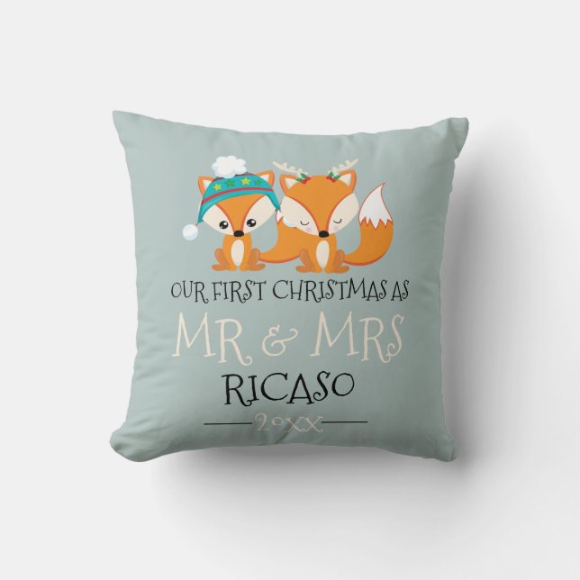 Our First Christmas As Mr and Mrs Red Fox Themed Throw Pillow (Front)