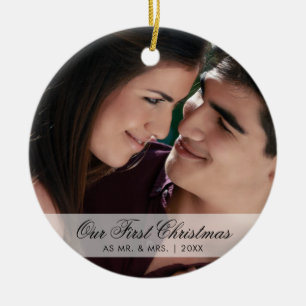 Our First Christmas as Mr. and Mrs. Script Photo Ceramic Ornament