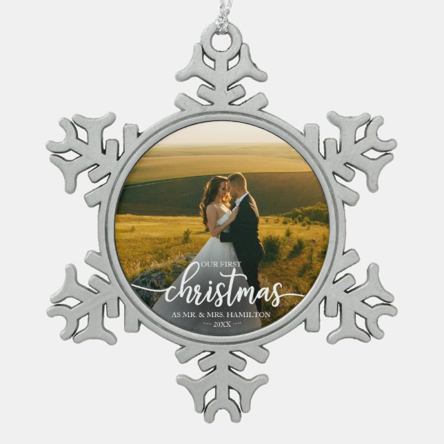 Our First Christmas As Mr And Mrs Simple Elegant Snowflake Pewter Christmas Ornament (Front)