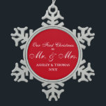 Our First Christmas as Mr. and Mrs. Snowflake Snowflake Pewter Christmas Ornament<br><div class="desc">Our First Christmas as Mr. and Mrs. Snowflake Ornament</div>