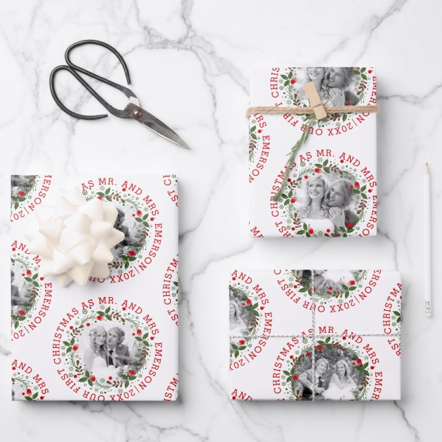 Our first Christmas as Mr and Mrs three photo Wrapping Paper Sheet (Front)
