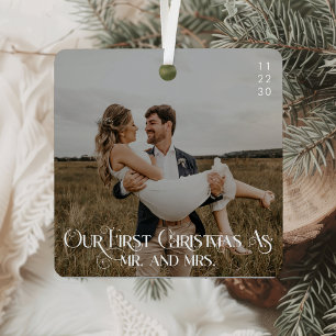 Our First Christmas As Mr and Mrs Typography Photo Metal Ornament