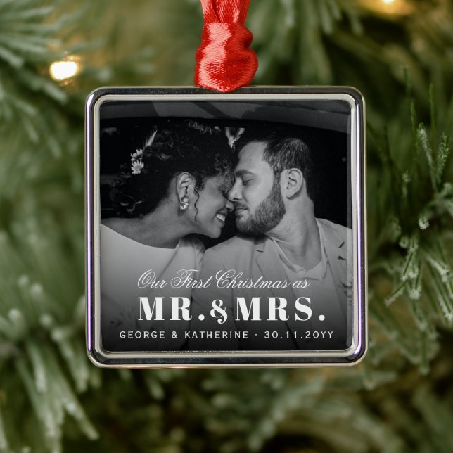 Our First Christmas As Mr. And Mrs. Wedding Photo Metal Ornament (Tree)