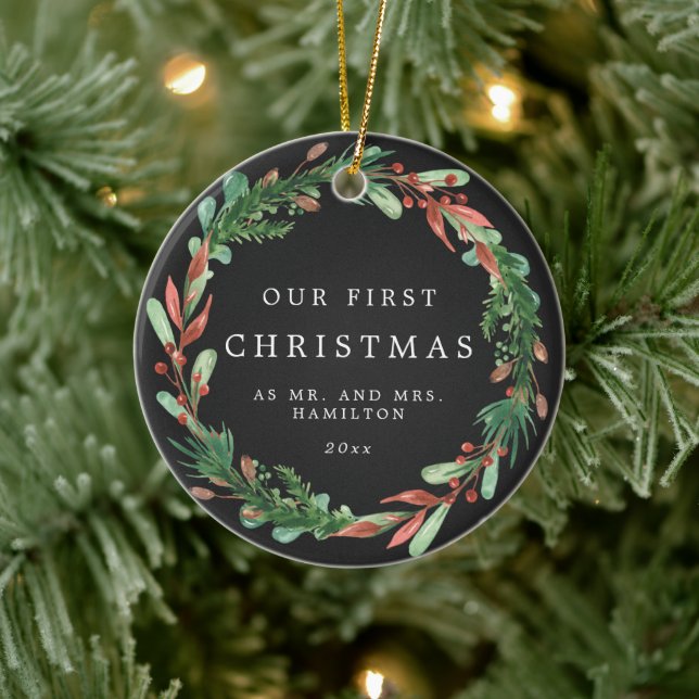 Our First Christmas as Mr and Mrs Wreath Ceramic O Ceramic Ornament (Tree)
