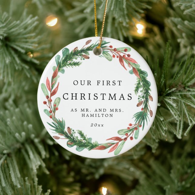 Our First Christmas as Mr and Mrs Wreath Ceramic Ornament (Tree)