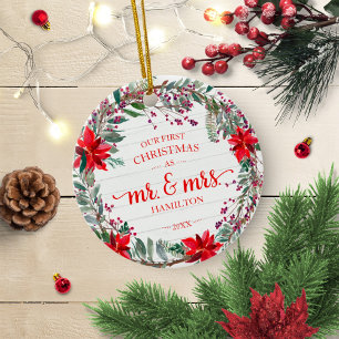 Our First Christmas as Mr & Mrs 2020 Rustic Wreath Ceramic Ornament