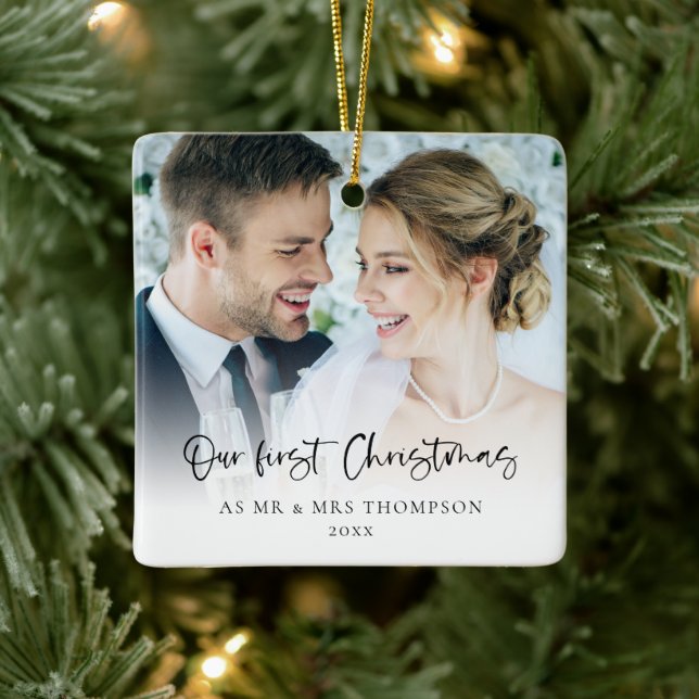Our First Christmas As Mr Mrs 2 Photos Script Ceramic Ornament (Tree)