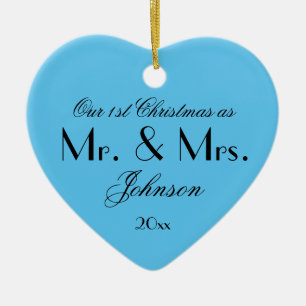 'Our First Christmas as Mr & Mrs' Black Aqua Blue Ceramic Ornament