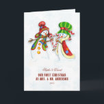 Our First Christmas As Mr. & Mrs.Cute Snowman Card<br><div class="desc">Cute and Romantic design featuring OUR FIRST CHRISTMAS typography,  cute watercolor Snowmans (He & She) on a white background with blue snowflakes. Use Personalise tool to add your info. For more matching items,  please visit my Dreamy Christmas Collection.</div>