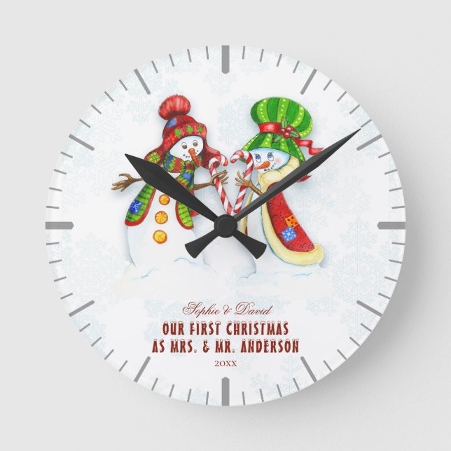 Our First Christmas As Mr. & Mrs.Cute Snowman Round Clock (Front)