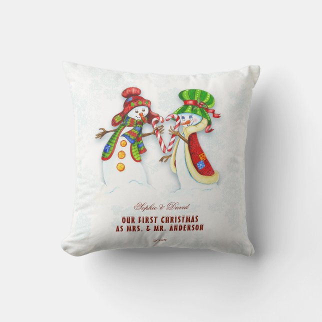 Our First Christmas As Mr. & Mrs.Cute Snowman Throw Pillow (Front)