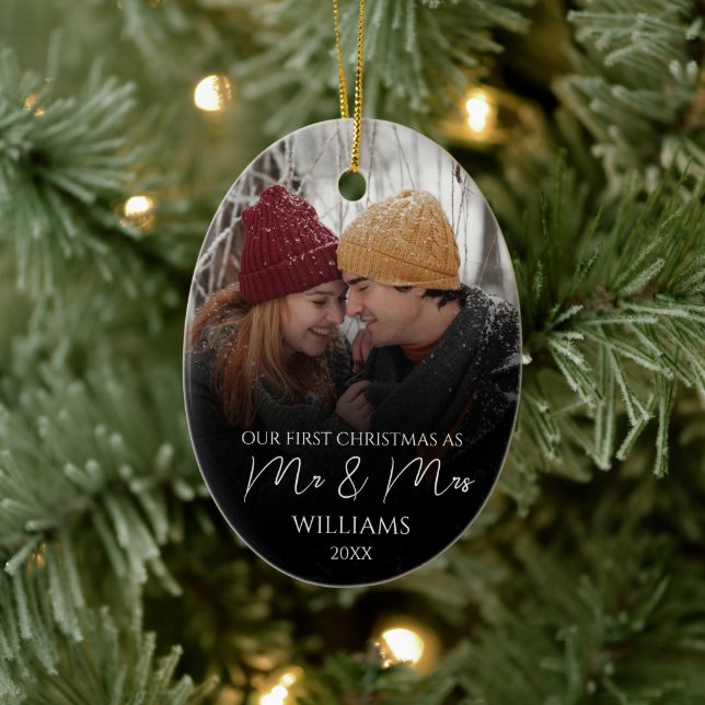 Our First Christmas As Mr & Mrs Elegant Photo Ceramic Ornament (Tree)