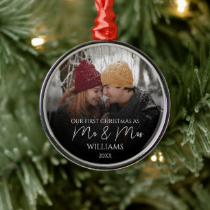 Our First Christmas As Mr & Mrs Elegant Photo Metal Ornament