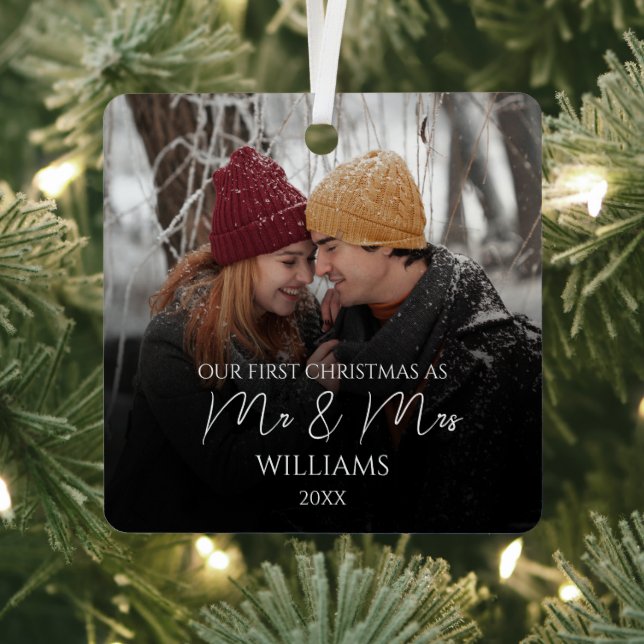 Our First Christmas As Mr & Mrs Elegant Photo Metal Ornament (Insitu)