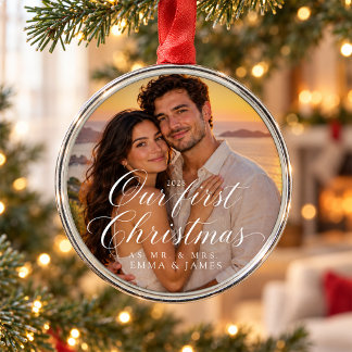 Our First Christmas as Mr & Mrs Elegant Photo Metal Ornament