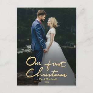 Our First Christmas as Mr & Mrs Fake Gold Photo Holiday Postcard