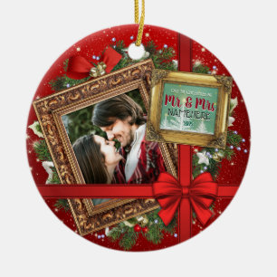 Our First Christmas as Mr & Mrs Gold Frame Photo Ceramic Ornament
