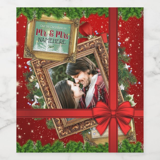 Our First Christmas as Mr & Mrs Gold Frame Photo Wine Label (Single Label)