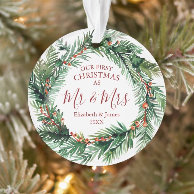 Our First Christmas As Mr & Mrs Greenery Wreath Ornament (Tree)