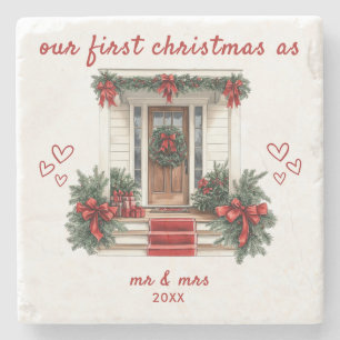 Our First Christmas as Mr & Mrs House Ornament Stone Coaster