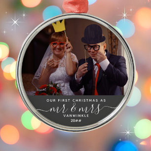 Our First Christmas as Mr & Mrs Last Name Grey Metal Ornament