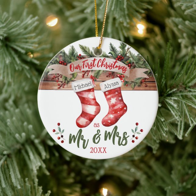 Our First Christmas as Mr & Mrs Married Stockings Ceramic Ornament (Tree)