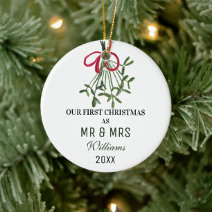 Our First Christmas as MR & MRS Mistletoe Rustic Ceramic Ornament