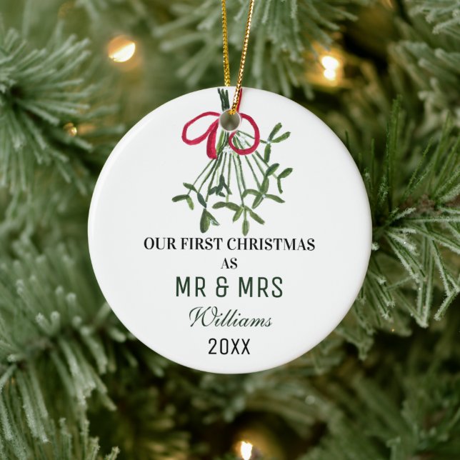 Our First Christmas as MR & MRS Mistletoe Rustic Ceramic Ornament (Tree)