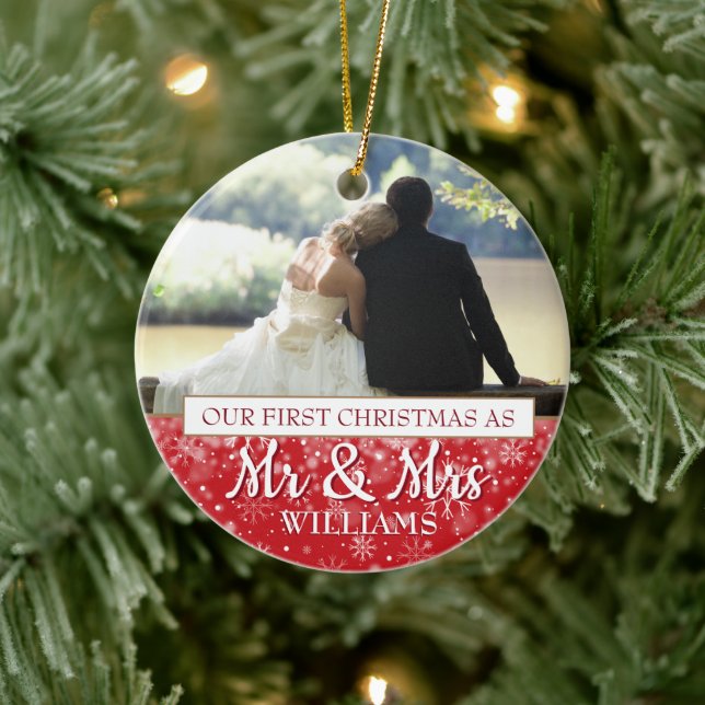 Our First Christmas As Mr & Mrs Name 2 Photo Ceramic Ornament (Tree)