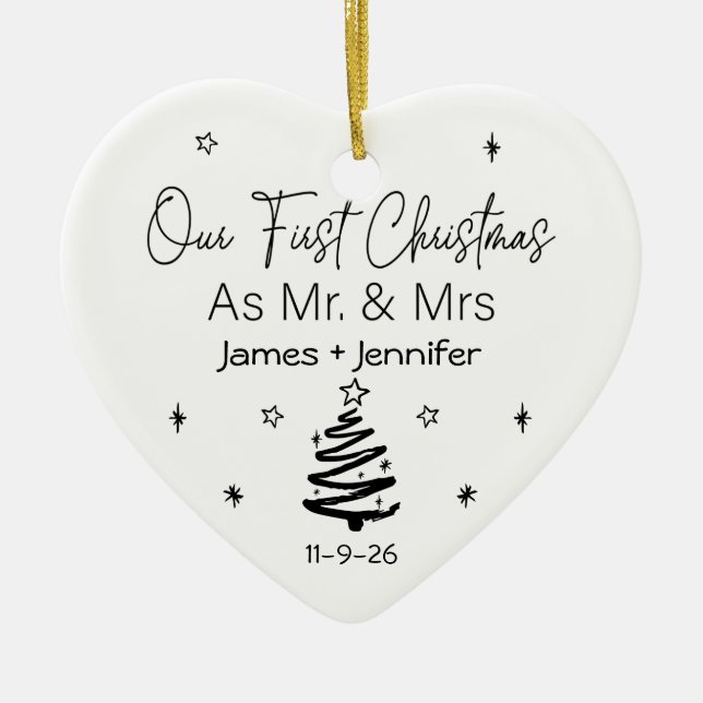 Our First Christmas as Mr & Mrs Names & Photo Ceramic Ornament (Front)