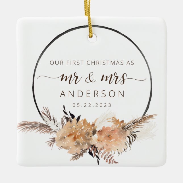 Our First Christmas As Mr & Mrs Photo Boho Ceramic Ornament (Front)