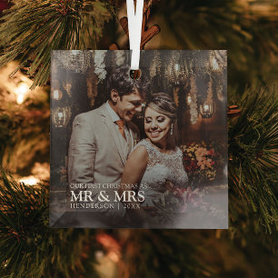 Our First Christmas as Mr & Mrs Photo Stylish  Glass Ornament