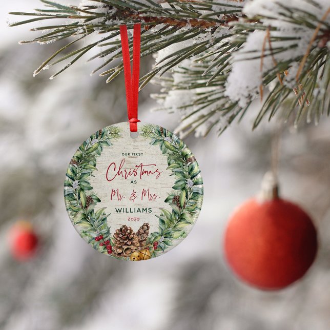 Our First Christmas as Mr & Mrs Pine Wreath Birch Ceramic Ornament (Creator Uploaded)