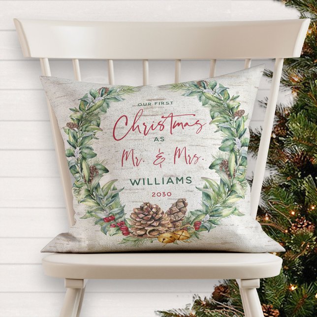 Our First Christmas as Mr & Mrs Rustic Pine Wreath Throw Pillow (Creator Uploaded)