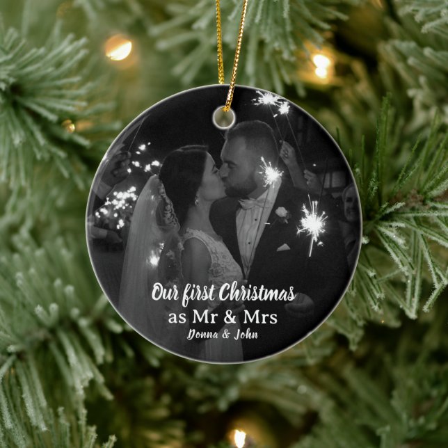 Our First Christmas as Mr & Mrs Script Photo Ceramic Ornament (Tree)