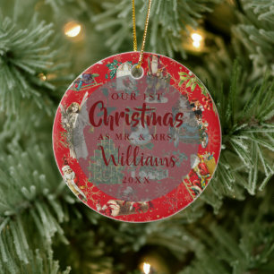 Our First Christmas As Mr Mrs Vintage Photo Red Ceramic Ornament