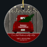 Our First Christmas as Mr. & Mrs. Vintage Truck Ce Ceramic Ornament<br><div class="desc">Red Truck our First Christmas as Mr and Mrs Christmas Ornament - What a fun way to remember your first Christmas. Christmas ornament features a trendy red vintage pick up truck hauling a Christmas tree fresh from the farm. Vintage string lights glow overhead. The background of the ornament is rustic...</div>