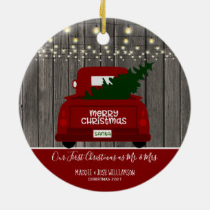 Our First Christmas as Mr. & Mrs. Vintage Truck Ce Ceramic Ornament