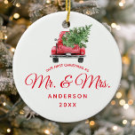 Our First Christmas As Mr. & Mrs. Vintage Truck Ceramic Ornament<br><div class="desc">Our First Christmas As Mr. & Mrs. Vintage Truck Ceramic Ornament. This design features a watercolor vintage red truck with a christmas tree.</div>