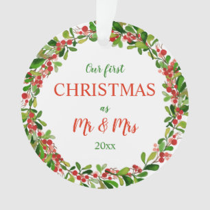 Our First Christmas As Mr & Mrs   Wreath Photo Ornament
