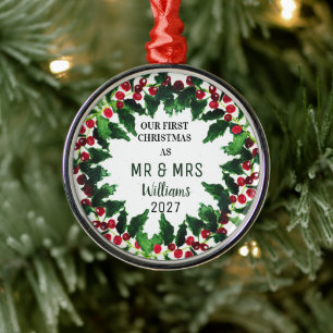 Our First Christmas as MR & MRS Wreath Rustic Metal Ornament