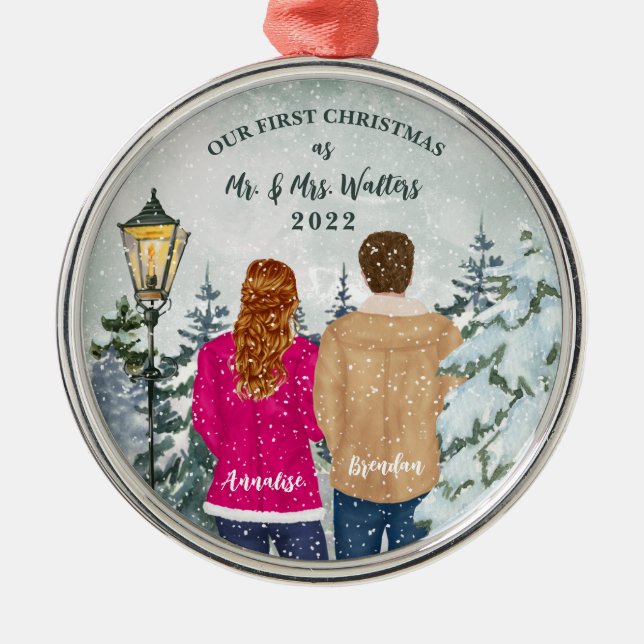 Our First Christmas as Mrs & Mrs Married Metal Ornament (Front)