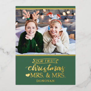 Our first Christmas as mrs & mrs newlyweds gold  Foil Holiday Postcard