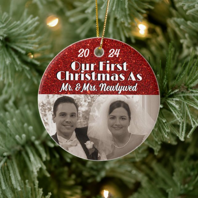 Our First Christmas as Newlyweds Personalize Photo Ceramic Ornament (Tree)
