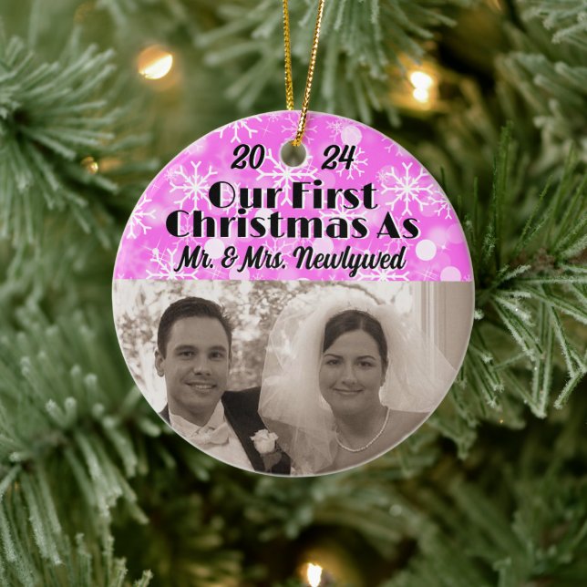 Our First Christmas as Newlyweds Personalize Photo Ceramic Ornament (Tree)