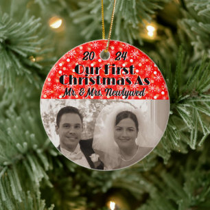 Our First Christmas as Newlyweds Personalize Photo Ceramic Ornament