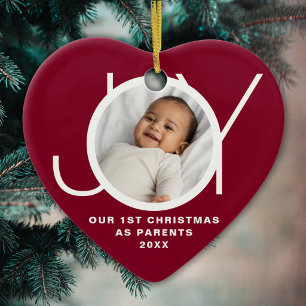 Our First Christmas As Parents Photo Joy Maroon Ceramic Ornament