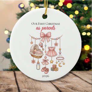 Our First Christmas As Parents Year Cute Drawing  Ceramic Ornament