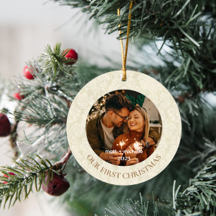 Our First Christmas Beige Vintage Damask Photo Ornament